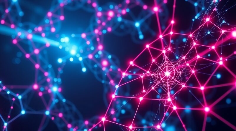 Abstrakcyjna sieć fraktalna symbolizująca przepływ danych GPU-SSD, neonowe światła, futurystyczny styl.