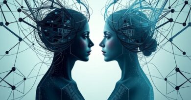 Abstrakcyjne przedstawienie wpływu stereotypów płciowych na AI: dwie zdeformowane postacie w sieci kodu.