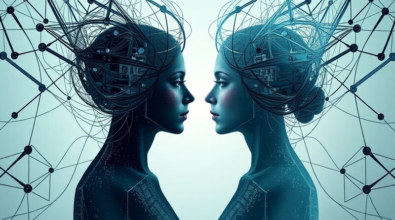 Abstrakcyjne przedstawienie wpływu stereotypów płciowych na AI: dwie zdeformowane postacie w sieci kodu.
