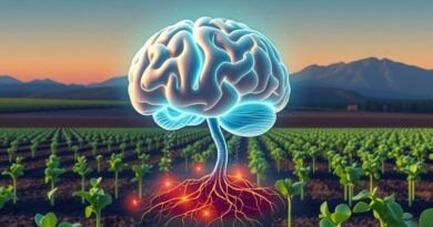 Świecący mózg AI nawadnia korzenie sadu, zmieniając suchy krajobraz w żyzne pole.