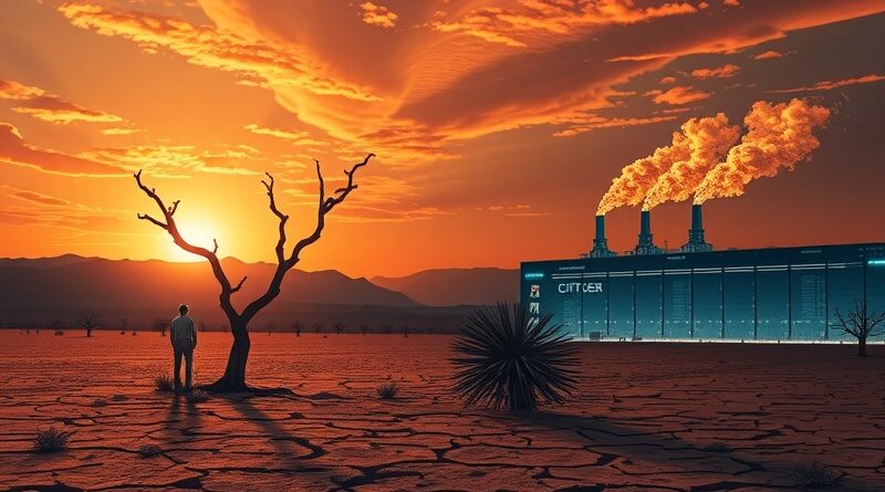 Spękana ziemia, zachód słońca, szkielet drzewa kontra futurystyczna farma serwerów z gazowymi turbinami i sylwetką człowieka.