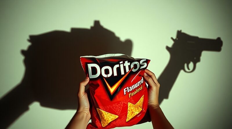 Chipsy Doritos i dziecięce dłonie rzucają cień pistoletu na ścianie. Cyfrowa deformacja i niepokój.