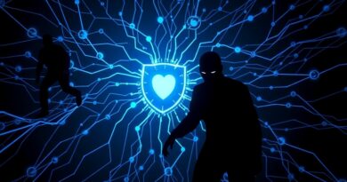 Sieć neuronowa atakowana przez mroczne figury symbolizujące ransomware. Fragmentowana tarcza symbolizuje bezskuteczną obronę.