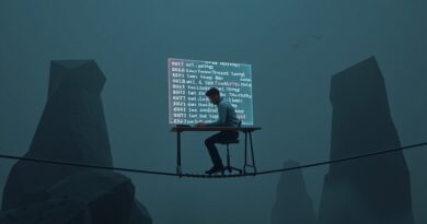 Samotny freelancer przy biurku z kodem i dolarami na tle AI, chwiejna równowaga.