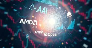 Abstrakcyjne połączenie logo AMD i OpenAI, akcje w dół, eteryczny blask, dynamiczna kompozycja finansowa.