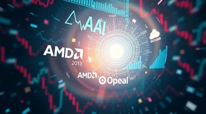 Abstrakcyjne połączenie logo AMD i OpenAI, akcje w dół, eteryczny blask, dynamiczna kompozycja finansowa.