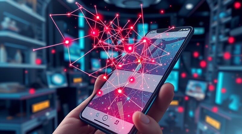 Abstrakcyjna sieć neuronowa na fragmencie smartfona, pulsujące węzły, laboratorium w tle, chaos miejski.