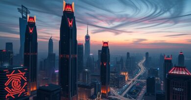 Futurystyczny krajobraz miasta o zmierzchu, neonowe microchipy i obwody drukowane, dynamiczne niebo symbolizuje wzrost AI.