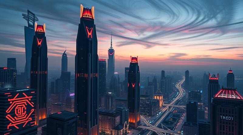 Futurystyczny krajobraz miasta o zmierzchu, neonowe microchipy i obwody drukowane, dynamiczne niebo symbolizuje wzrost AI.