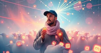 Adam Mosseri jako cyfrowy pasterz prowadzi świetliste rolki Instagrama przez eteryczny krajobraz AI i ikon mediów społecznościowych.