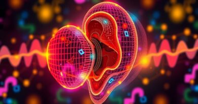 Abstrakcyjne ucho z fal dźwiękowych, manipulatory AI, emocje w kolorach, obróbka audio Adobe.