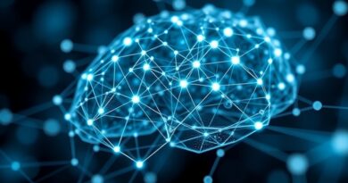 Abstrakcyjna sieć, cyfrowy mózg, przepływ danych, niebiesko-srebrna tonacja, reprezentacja AgentFlow, sztuczna inteligencja.