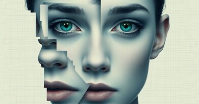 Rozfragmentowana twarz w geometryczne kształty, symbol wykluczenia przez algorytmy rozpoznawania twarzy.