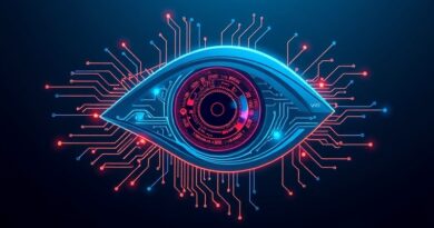 Futurystyczna płytka drukowana w kształcie oka. Elektryczne ścieżki, wizualizacja danych, błękit, fiolet i złoto.