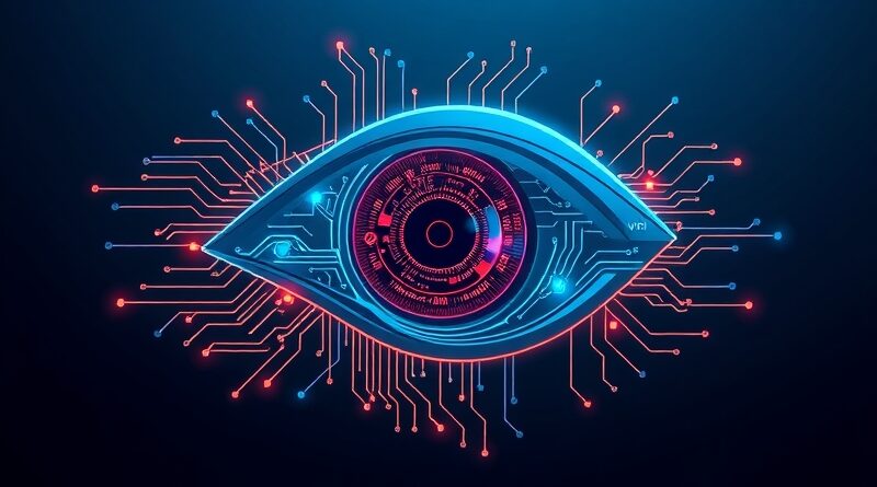 Futurystyczna płytka drukowana w kształcie oka. Elektryczne ścieżki, wizualizacja danych, błękit, fiolet i złoto.