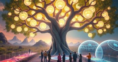 Drzewo życia czerpiące energię z reaktorów jądrowych, zasilające futurystyczne centra danych AI w ekosystemie.