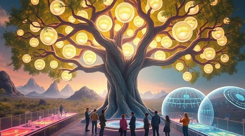 Drzewo życia czerpiące energię z reaktorów jądrowych, zasilające futurystyczne centra danych AI w ekosystemie.