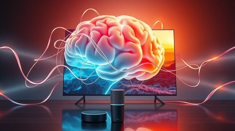 Działanie AI Alexa+ w Fire TV: świetlisty mózg z kablami światłowodowymi zasilający nowoczesny telewizor.