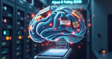 Eteryczny mózg z wózków i pudeł zakupowych, pulsujący światłem danych Amazon AI.