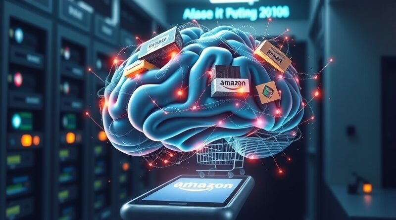 Eteryczny mózg z wózków i pudeł zakupowych, pulsujący światłem danych Amazon AI.
