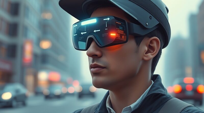 Kurier w inteligentnych okularach AI skanuje paczkę w futurystycznym, rozmytym mieście.