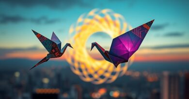 Kruchy żuraw origami z płyty PCB leci do portalu Meta na tle Silicon Valley.