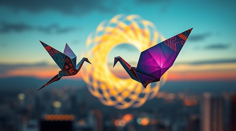 Kruchy żuraw origami z płyty PCB leci do portalu Meta na tle Silicon Valley.