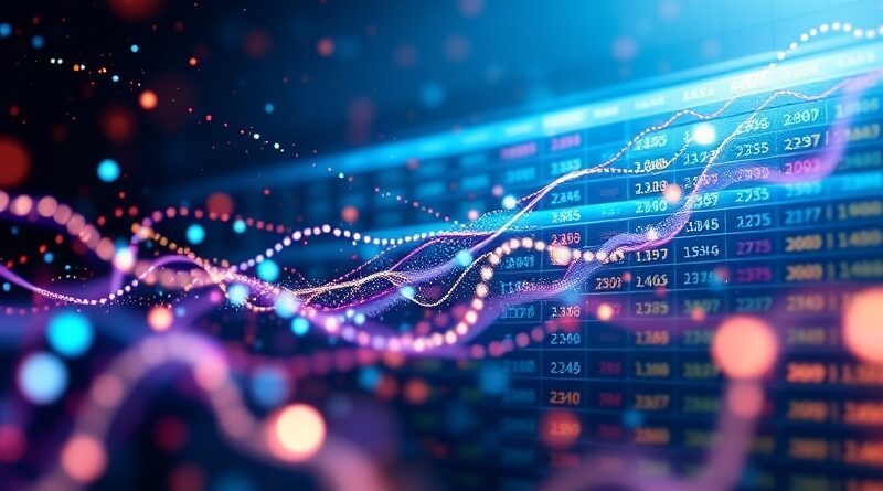 Abstrakcyjne połączenie strumieni danych i interfejsu arkusza kalkulacyjnego w elegancji błękitu, fioletu i złota.