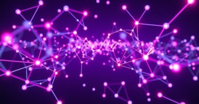 Abstrakcyjna sieć neuronowa kodu w neonowej pustce, z ukrytymi fragmentami logo Claude.