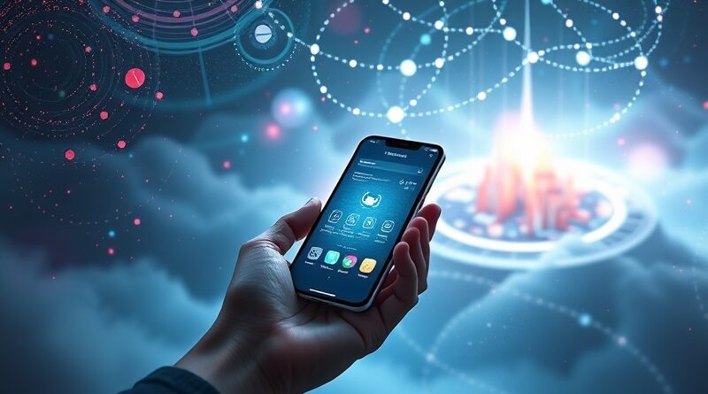 Smartfon w nebulozie kodu połączony ze świecącym GitHubem i futurystycznym miastem serwerów. Mobilne programowanie z Claude.