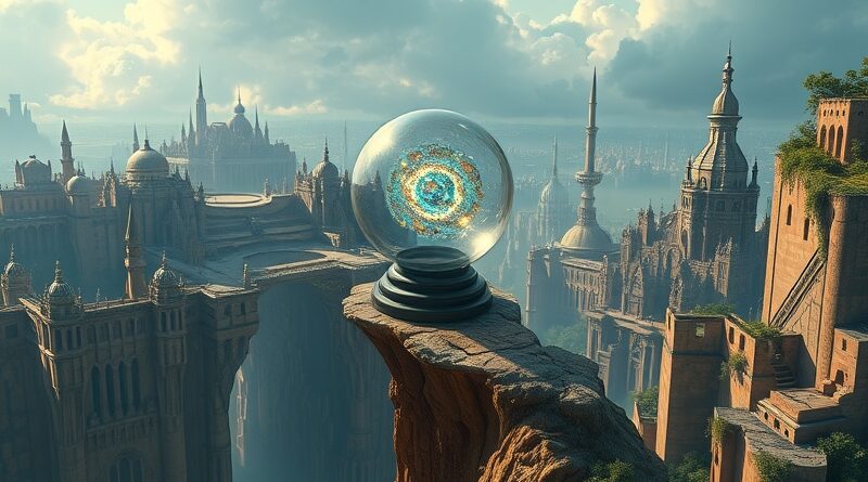 Szklana kula z nebulą na krawędzi przepaści, miasto przyszłości, kruchość i utrata kontroli.