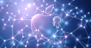 Abstrakcyjna sieć neuronowa w kształcie jabłka z holografią twarzy, symbol AI Apple i Siri 2.0.