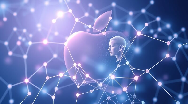 Abstrakcyjna sieć neuronowa w kształcie jabłka z holografią twarzy, symbol AI Apple i Siri 2.0.