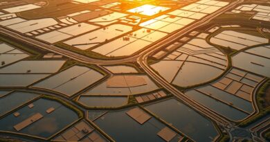 Akwakultura w Azji Południowo-Wschodniej z lotu ptaka. Jakość wody monitorowana przez AI. Złote światło wschodu słońca.