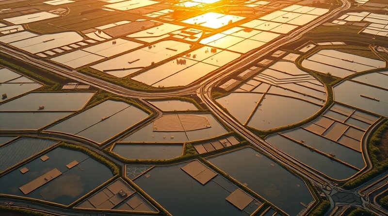 Akwakultura w Azji Południowo-Wschodniej z lotu ptaka. Jakość wody monitorowana przez AI. Złote światło wschodu słońca.