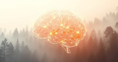 Abstrakcyjna sieć neuronowa z silikonowych płytek w leśnym krajobrazie, symbolizująca edge AI od Arm.