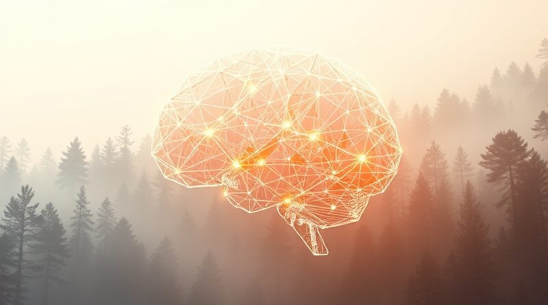 Abstrakcyjna sieć neuronowa z silikonowych płytek w leśnym krajobrazie, symbolizująca edge AI od Arm.