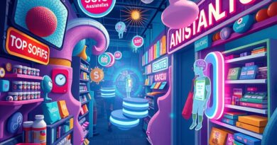 Surrealistyczny cyfrowy rynek przyszłości z unoszącymi się asystentami AI robiącymi zakupy.