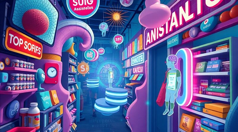 Surrealistyczny cyfrowy rynek przyszłości z unoszącymi się asystentami AI robiącymi zakupy.