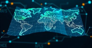 Atlas OpenAI: Mapa spleciona z sieci neuronowych, przeglądarka integrująca AI, futurystyczne kolory, rozszerzenie możliwości ChatGPT.