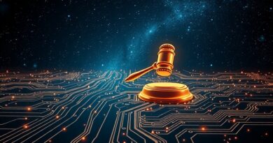 Eteryczny obwód drukowany z kodu, konstelacje, gwiezdny pył, centralny młotek sędziowski AI. Innowacja i elegancja.