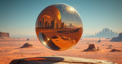 Iryzująca bańka z refleksami miasta i wykresów, pękająca nad pustynią. Bańka AI - metafora rynku.