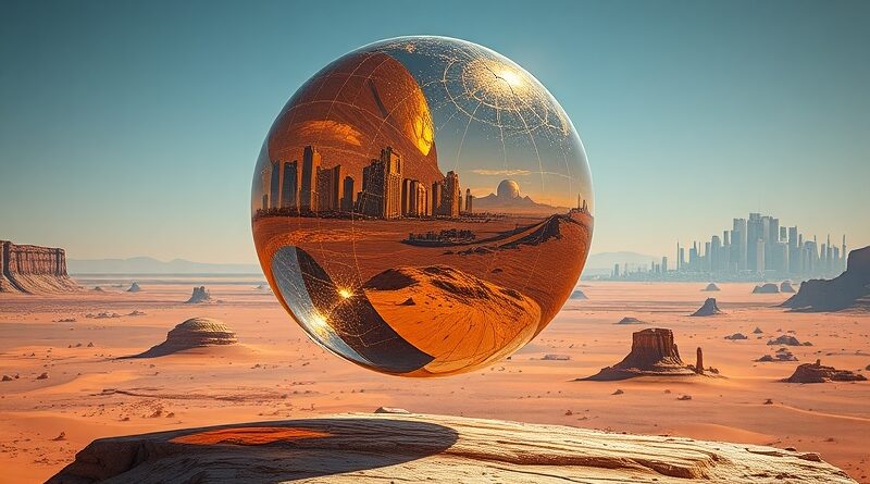 Iryzująca bańka z refleksami miasta i wykresów, pękająca nad pustynią. Bańka AI - metafora rynku.