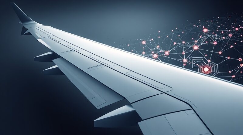 Stopione skrzydło samolotu z obwodami neuronowymi symbolizuje bezpieczeństwo AI wzorowane na lotnictwie i rozwój technologii.