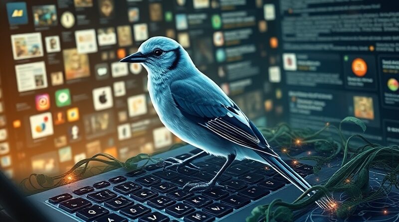 Świecąca sójka na klawiaturze z binarnym kodem, w tle chaotyczne media przechodzące w uporządkowane dane.