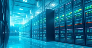 Abstrakcyjna wizja serwerowni; pulsujące światło mocy i kosztów ekologicznych, topniejące lodowce. Technologia kontra środowisko.