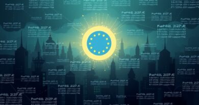 Europejskie miasto przyszłości zbudowane z sieci neuronowych, chronione kodem, z flagą UE w centrum.