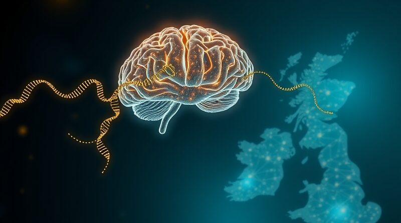 Mózg spleciony z DNA, kod binarny nad mapą Wielkiej Brytanii. AI w brytyjskiej służbie zdrowia.