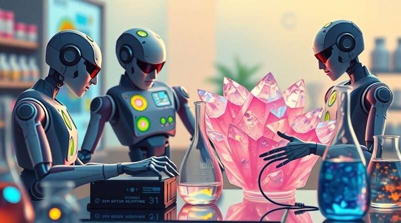 Surrealistyczne laboratorium: roboty eksperymentują z futurystycznymi kryształami, wizualizacje sieci neuronowych w tle.