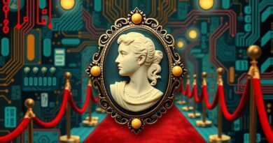 Rozpadająca się broszka z wizerunkiem gwiazdy, przechodząca w binarny kod na tle czerwonego dywanu i obwodów.